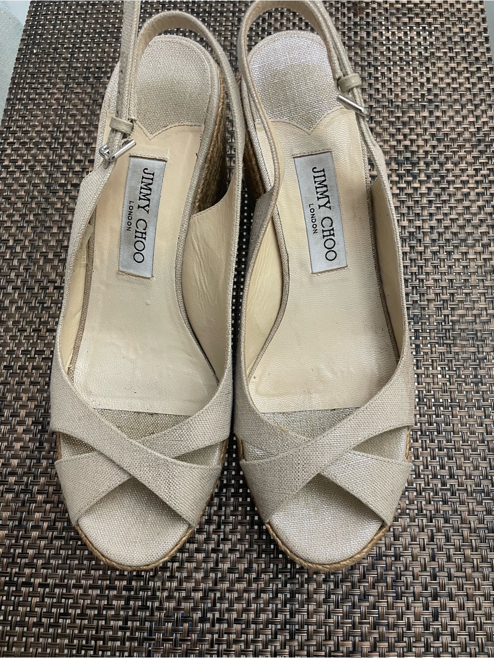 Jimmy Choo Beige Canvas Crisscross Slingback Wedges - Picture 1 of 3
